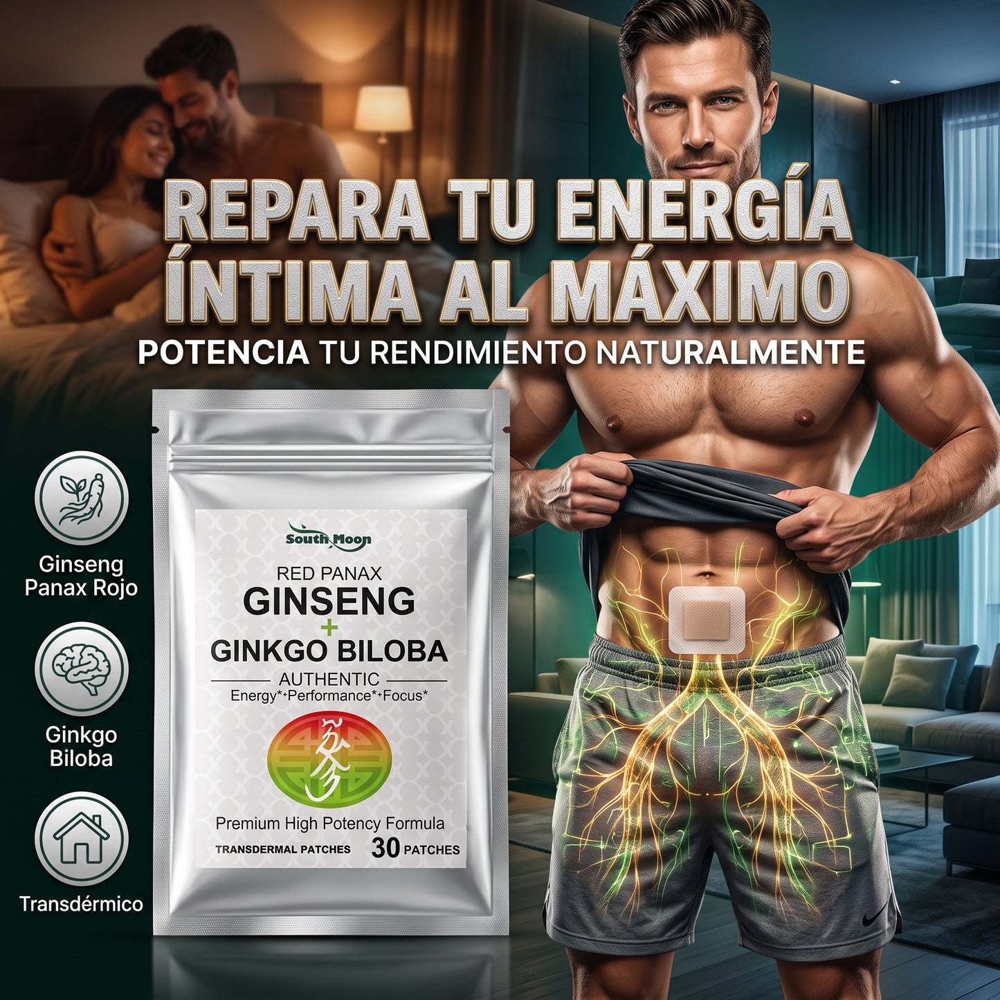 South Moon™ Ginseng + Ginkgo Biloba Patches Recupera un rendimiento sólido como una roca en tan solo 5 minutos